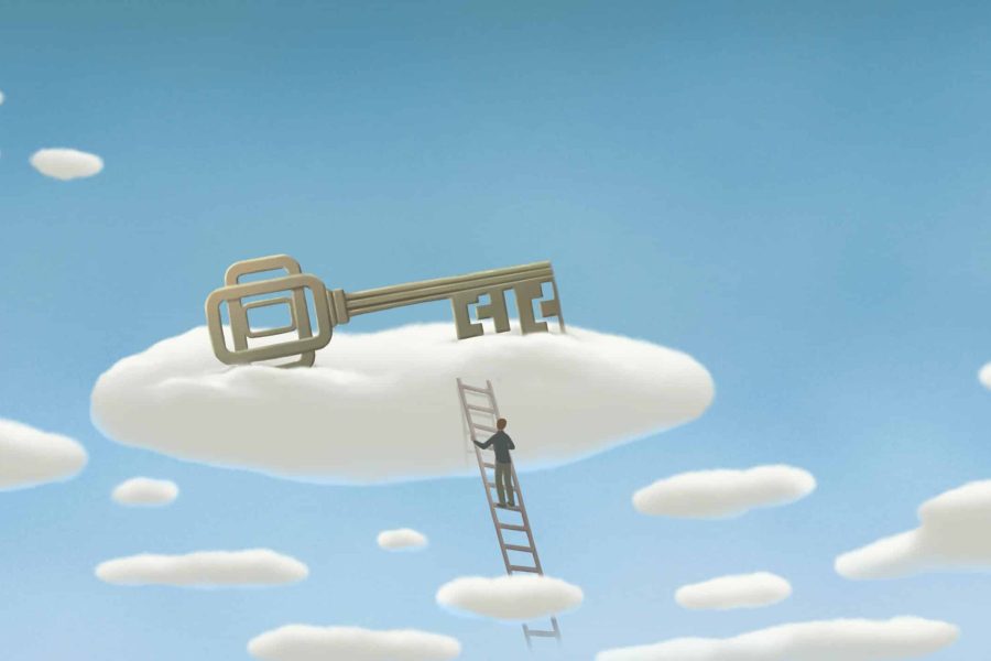 Concept idea art of key solution success and business. Surreal conceptual artwork. 3d illustration.